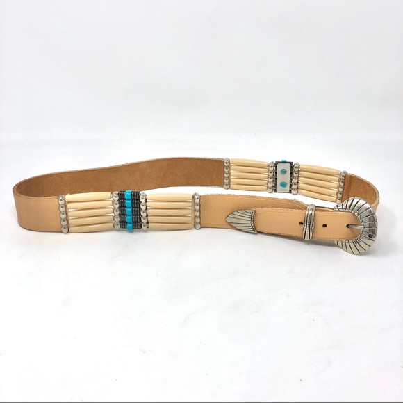 Vintage Accessories - Boho Leather Western Belt Turquoise Beaded Silver